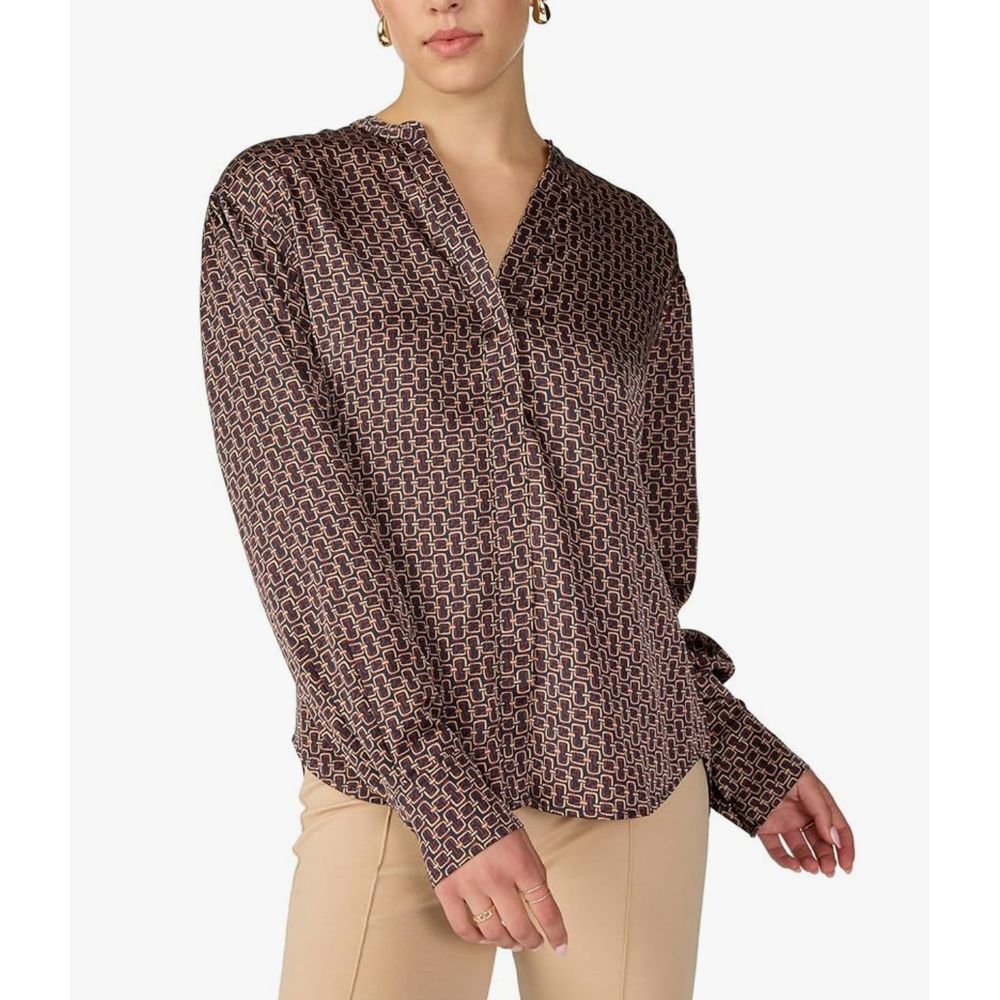 Sanctuary Womens Printed Long Sleeve Button-Down Top Tan Navy Size Medium